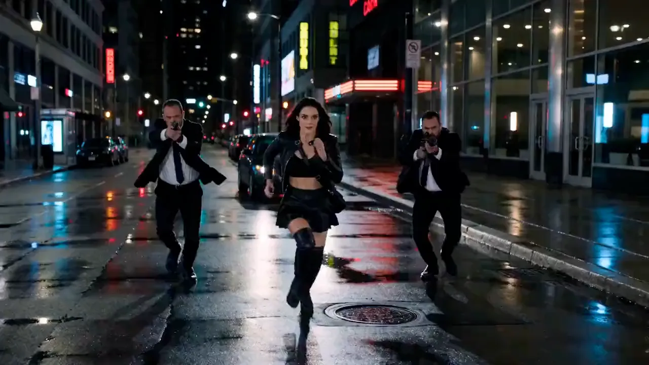 Seedance 2.5 example — a woman running through a neon-lit night street pursued by two figures
