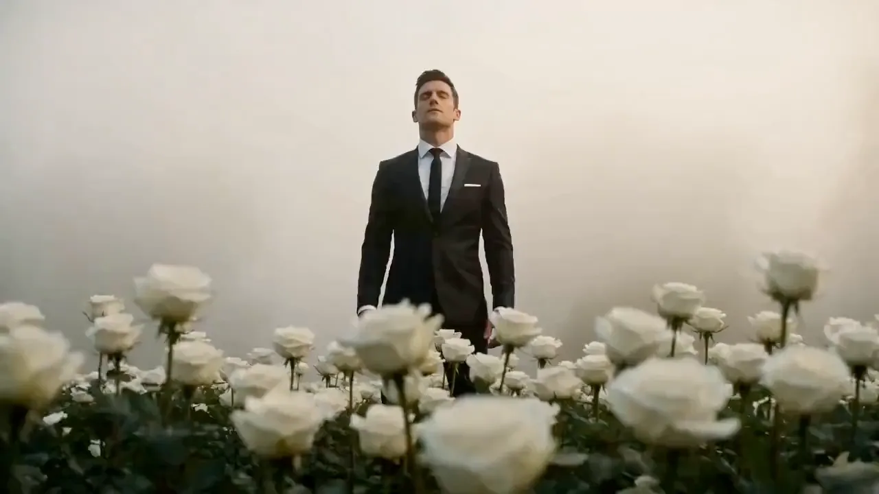 Seedance 2.5 example — a cinematic fashion film of a suited man in a misty field of white roses