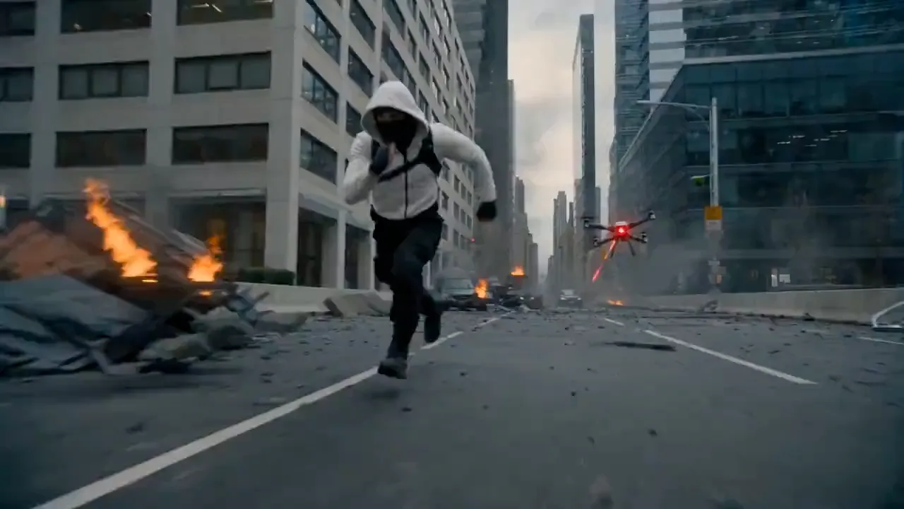 Seedance 2.5 example — a hooded runner sprinting down a ruined city street as a drone follows